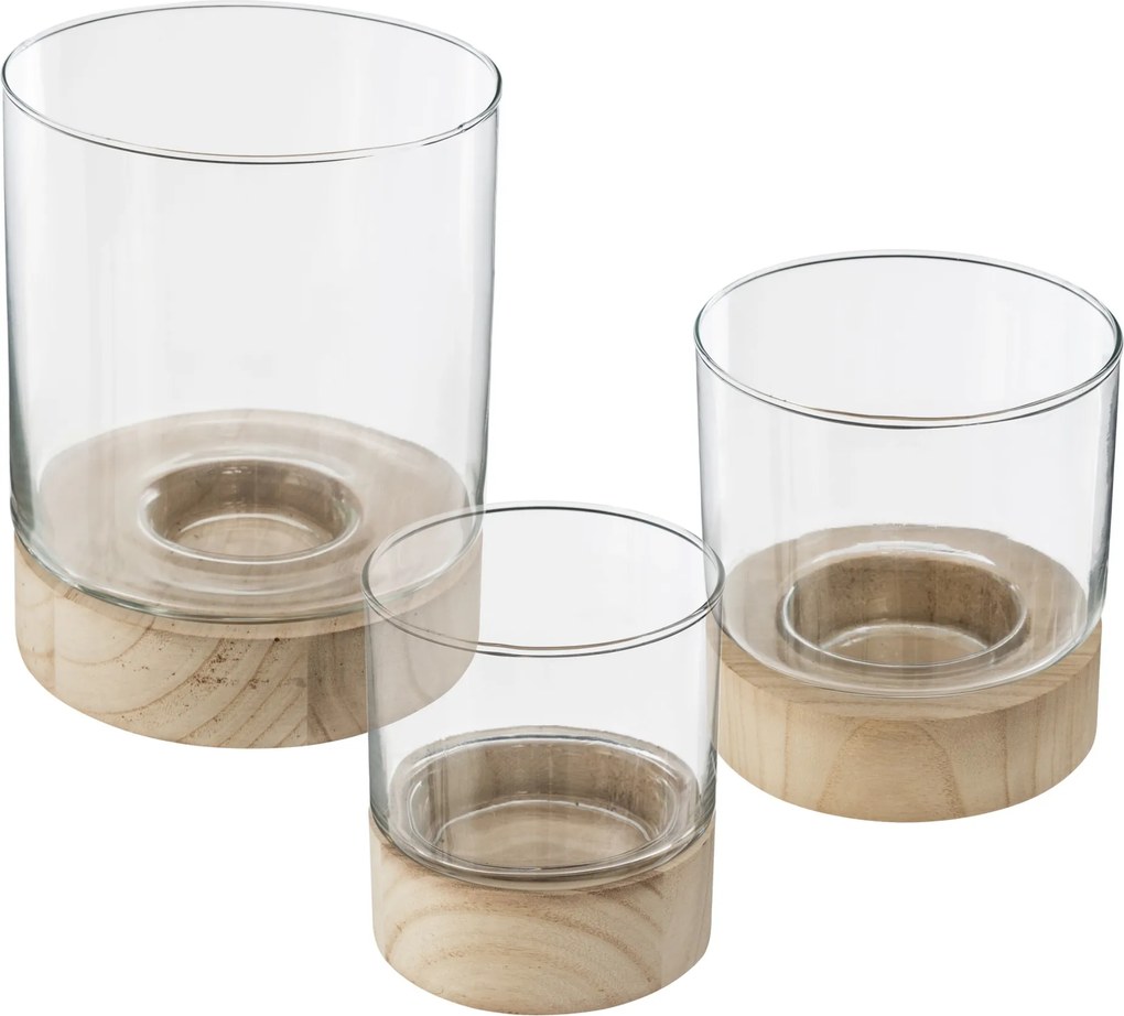 Set 3 suporturi lumanare, din sticlă Ete cu baza din lemn