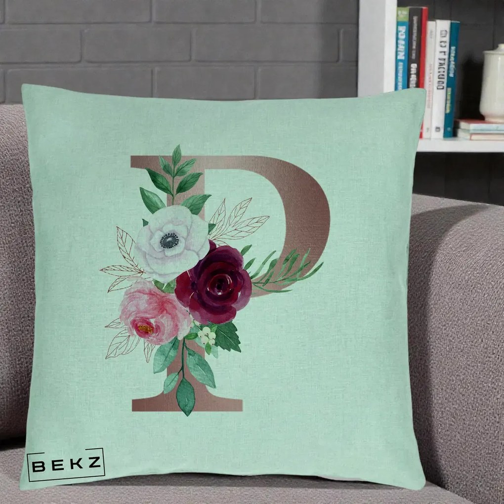 Cadou Personalizat - Perna Personalizata Monograma Rose Gold Litera P, 40x40 cm, Verde Menta, Husa Detasabila, Perna Inclusa, BEKZ®