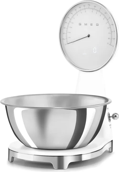 Cantar de bucatarie Smeg KSF01WHWW, Afisaj analogic si digital, Pana la 5 kg/5 l, Functie TARA, Afisaj LED, Baza antiderapanta, Baterie reincarcabila, Alb mat