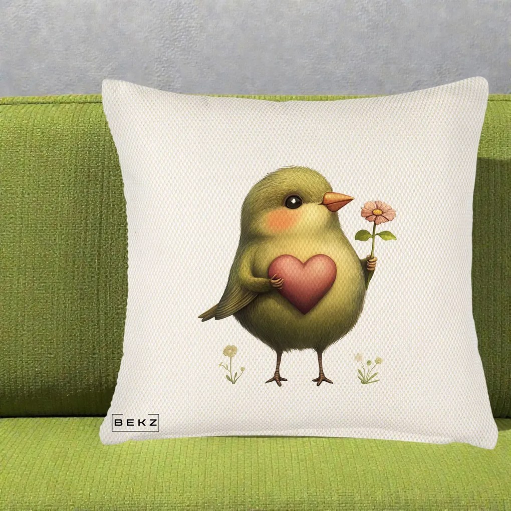 Perna Decorativa Pasare Verde cu Inima si Floare, 40x40 cm, Crem Reliefat, Husa Detasabila, Perna Inclusa, BEKZ®