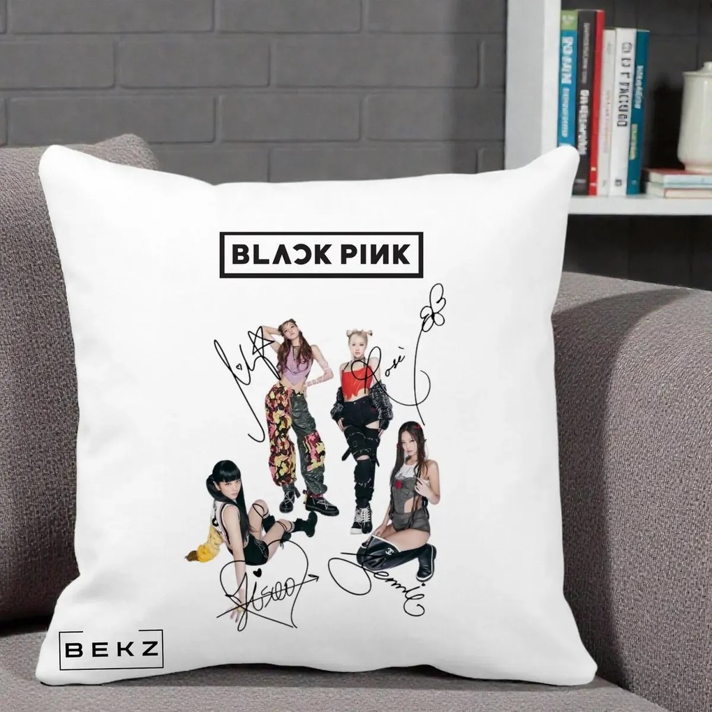 Perna Personalizata K-pop BLACKPINK Fotografie Grup Autografe Toate Membre, 40x40 cm, Alba Mata, Husa Detasabila, Perna Inclusa, BEKZ®
