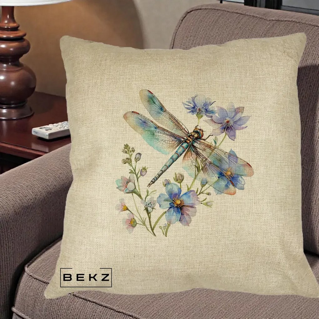 Perna Decorativa Libelula Acuarela Flori Albastre, 40x40 cm, Crem, Husa Detasabila, Perna Inclusa, BEKZ®