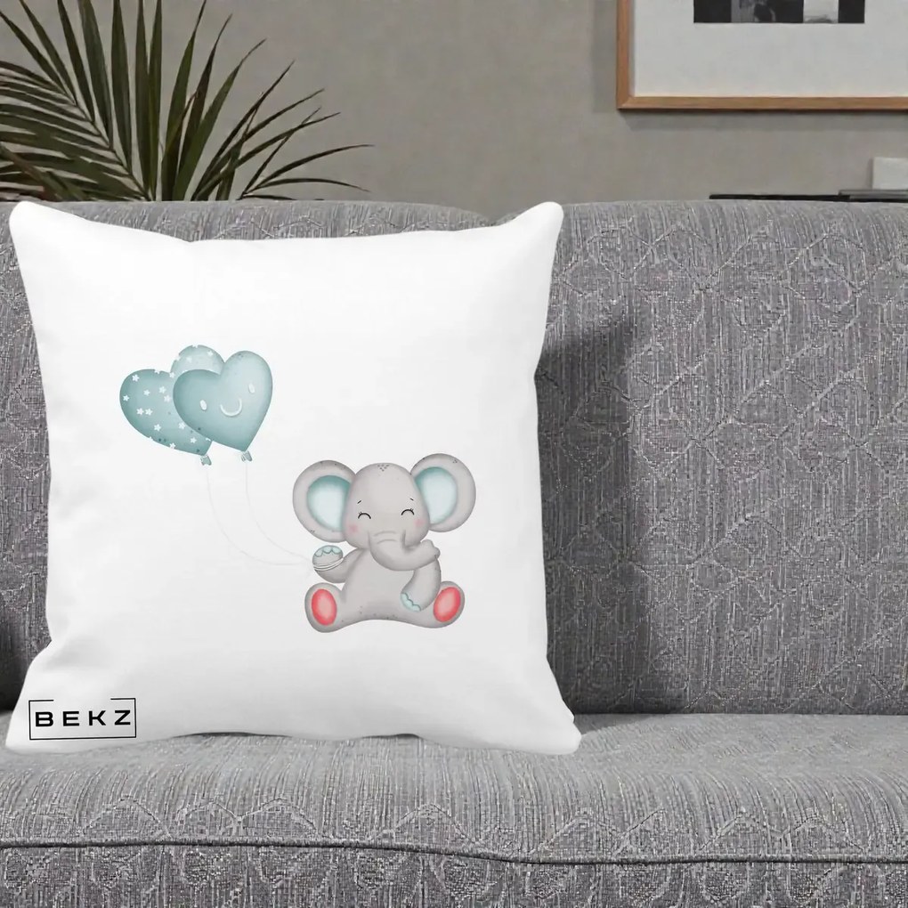 Perna Decorativa Elefant si baloane in forma de inimioare, 40x40 cm, Alba Mata, Husa Detasabila, Perna Inclusa, BEKZ®