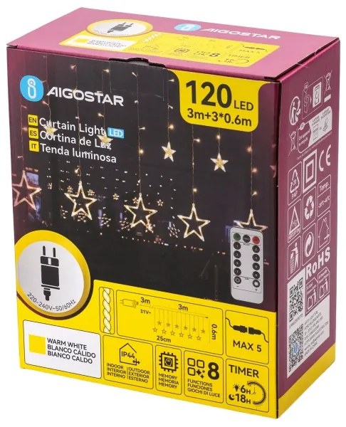 Aigostar - Ghirlandă LED de Crăciun pentru exterior, 120xLED/6W/230V/8 funcții, 3x0,6 m, IP44, alb cald + telecomandă