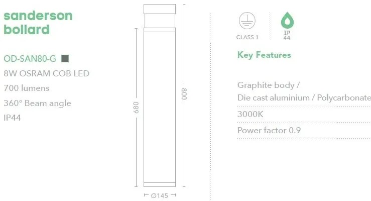 Stalp iluminat exterior IP44 LED Sanderson 80cm
