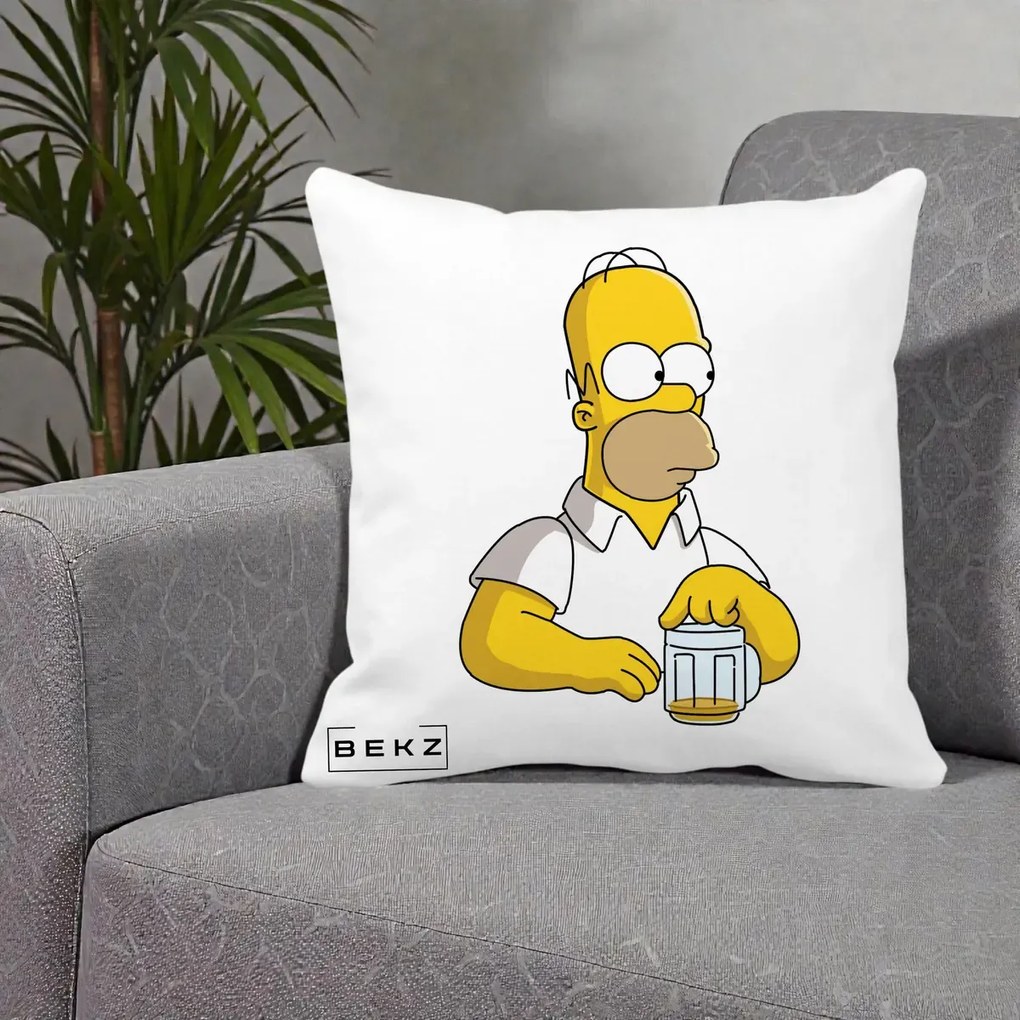 Perna Personalizata Homer Simpson cu Bere, 40x40 cm, Alba Mata, Husa Detasabila, Perna Inclusa, BEKZ®