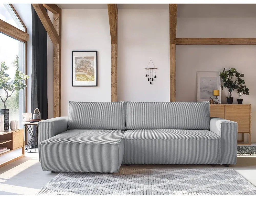 Colțar gri deschis extensibil cu tapițerie din catifea reiată (cu colț variabil) Nihad – Bobochic Paris