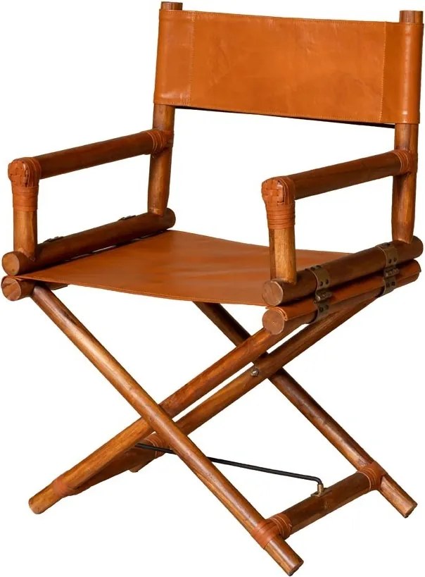Scaun de dining pliabil din piele camel și lemn de tec cu finisaj natural, 92×58×46 cm, înălțime șezut 52 cm, „Explorer"