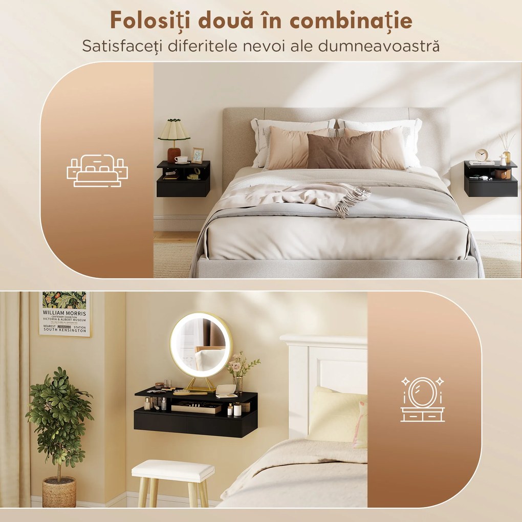 HOMCOM Set de 2 Noptiere Suspendate cu Sertar și Raft Deschis, 35x32x22.5 cm, Negru | Aosom Romania