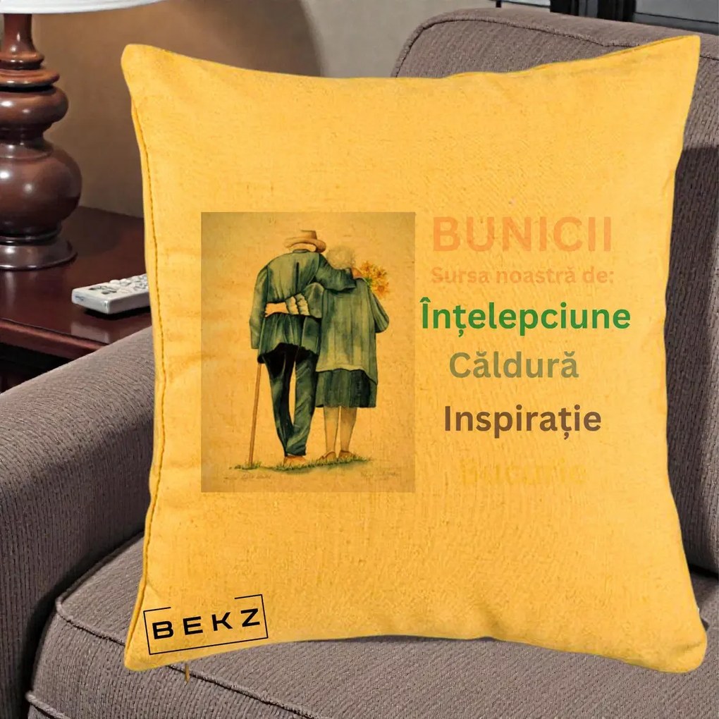 Cadou pentru Bunici - Perna Personalizata Bunicii Sursa Intelepciune Caldura Acuarela, 40x40 cm, Galben, Husa Detasabila, Perna Inclusa, BEKZ®