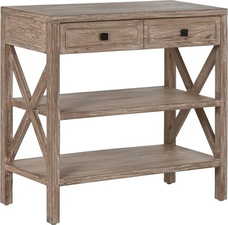 Consolă hol vintage din lemn de bayur, natur, cu 2 sertare, 2 rafturi și laterale cu traverse în X, 85 x 90 x 40 cm, „Calma”