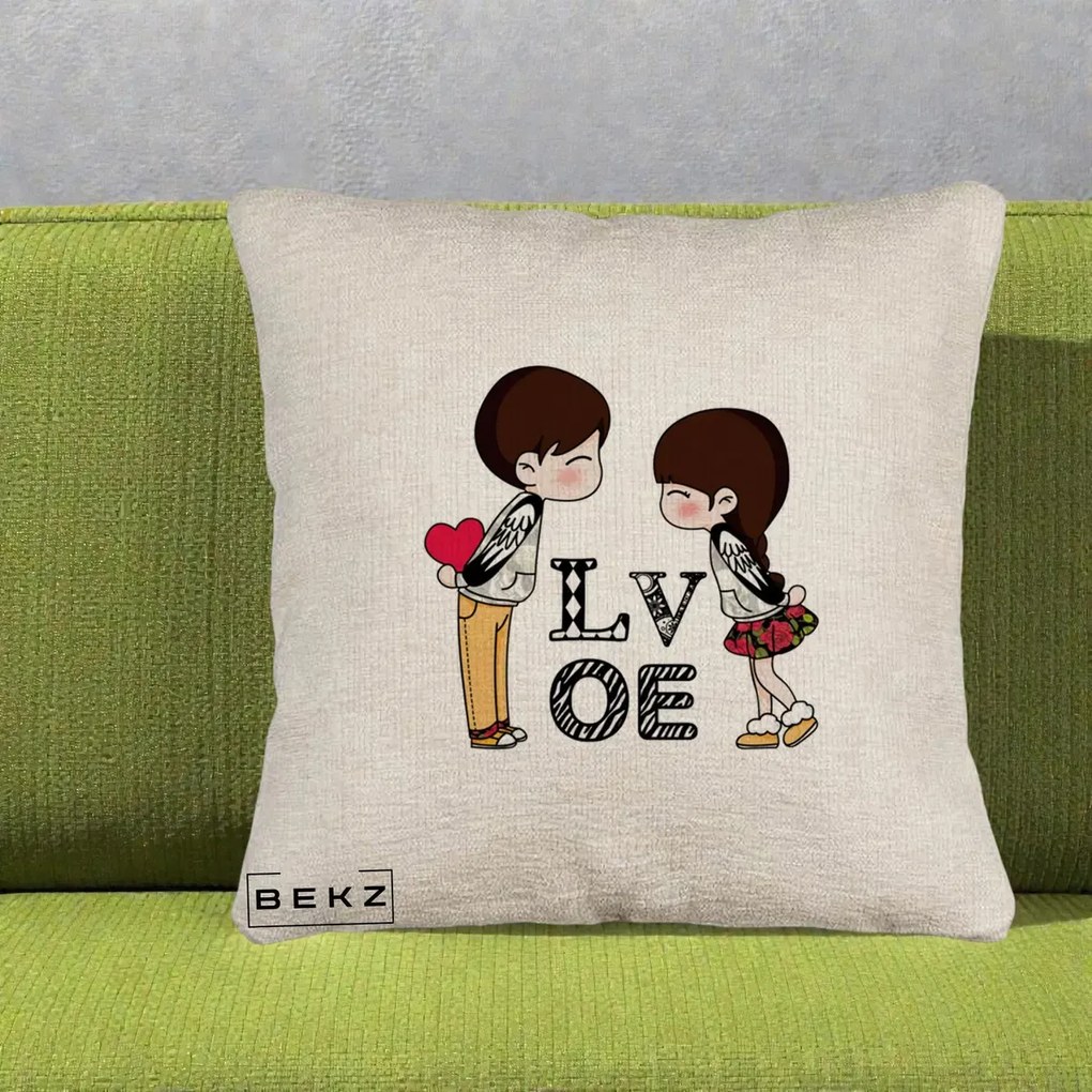 Cadou Romantic - Perna Personalizata Cuplu Kawaii LOVE, 40x40 cm, Bej Canapea, Husa Detasabila, Perna Inclusa, BEKZ®