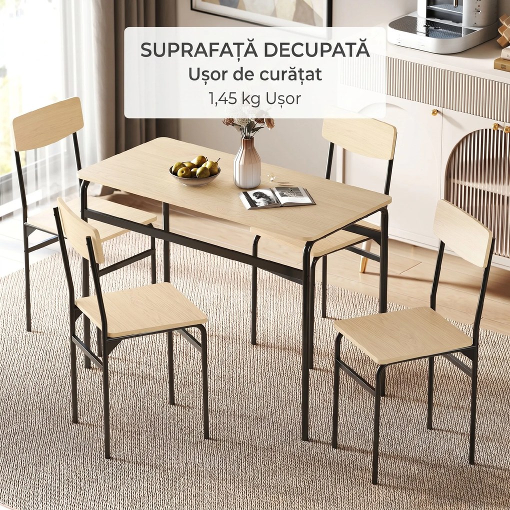 HOMCOM Set de Masă Rectangulară și 4 Scaune, Negru și Culoare Lemn | Aosom Romania
