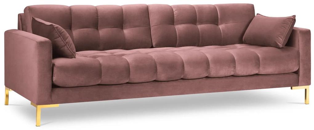 Canapea 4 locuri Mamaia cu tapiterie din catifea, picioare din metal auriu, roz