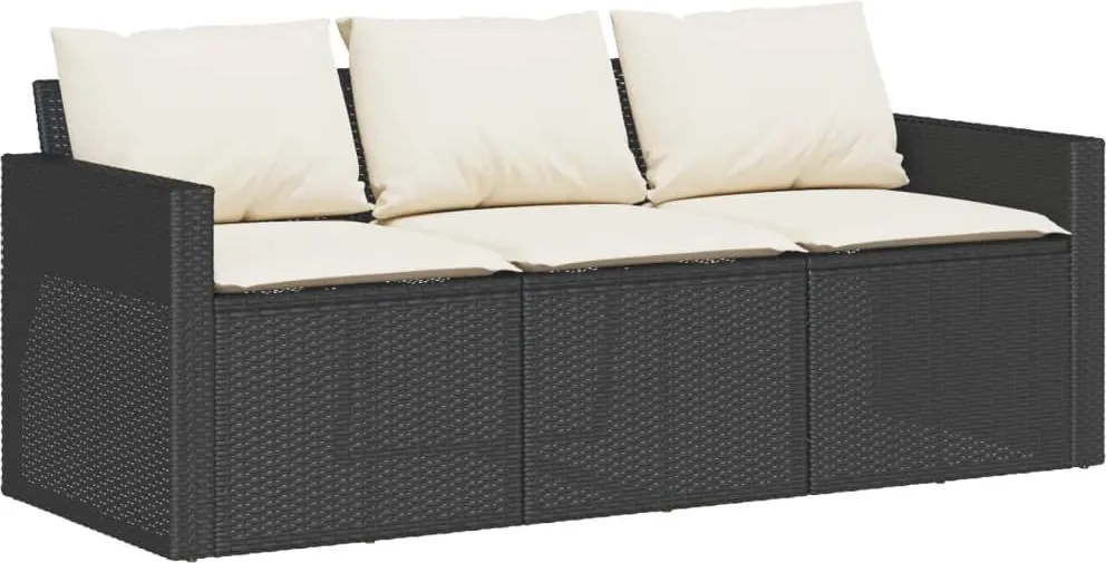 vidaXL Canapea de grădină cu perne, 3 locuri, negru, poliratan