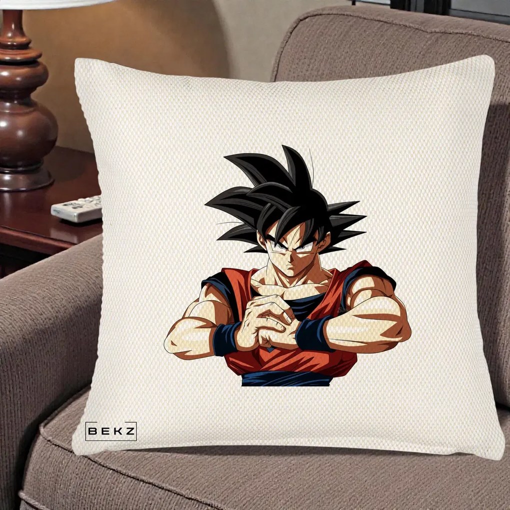 Perna Personalizata Dragon Ball Goku Portret Serios, 40x40 cm, Crem Reliefat, Husa Detasabila, Perna Inclusa, BEKZ®
