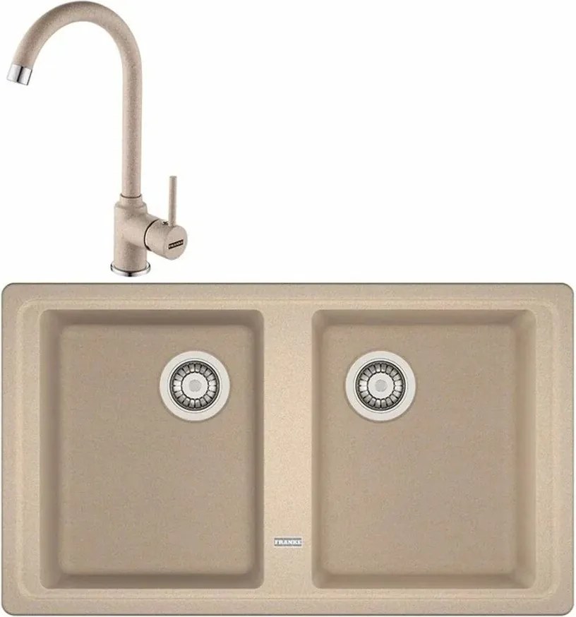 Set chiuveta bucatarie compozit Franke Basis Avena 2 cuve fara picurator 86x50 cm finisaj bej mat cu baterie Pola