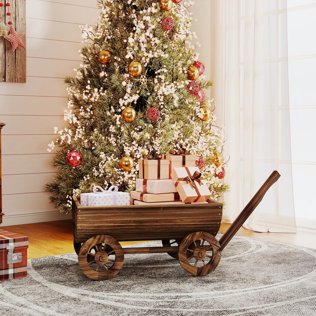 Outsunny Cărucior din lemn cu 4 roți și mâner Jardinieră exterioară cu orificiu de drenaj 115x40x54,5 cm Carbonizat | Aosom Romania