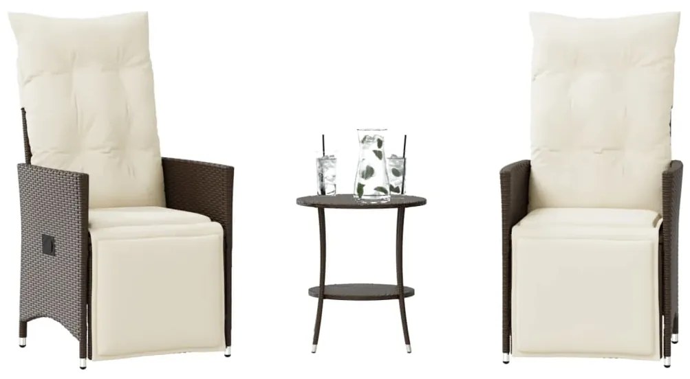 vidaXL Set bistro cu perne, 3 piese, maro, poliratan