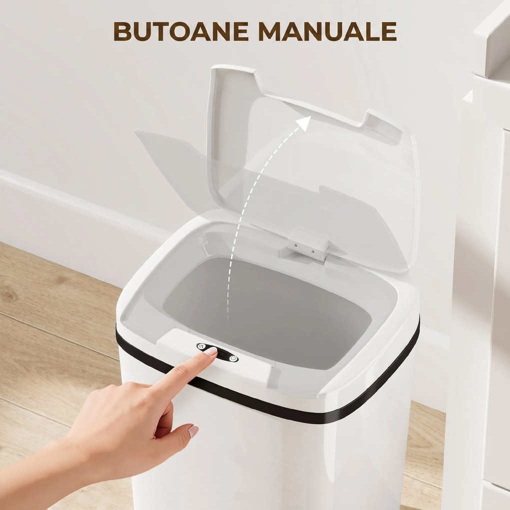 HOMCOM Coș Gunoi cu Senzor Infraroșu 15L, 2 Moduri de Deschidere, Suprafață Anti-amprentă, Baie, Alb | Aosom Romania