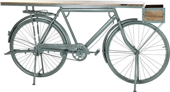 Consolă vintage tip bar din metal verde salvie antichizat și lemn de mango, „Bycicle"