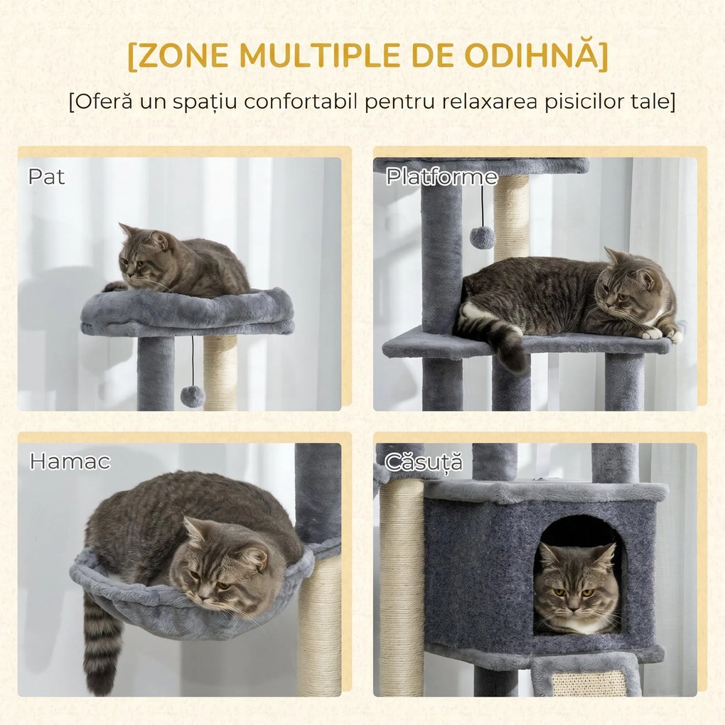 PawHut Ansamblu Zgâriat Pisici cu Stâlpi Sisal, Căsuță, Hamac, Platforme, 127 cm, PAL și Pluș, Gri | Aosom Romania