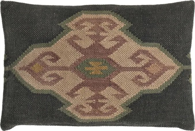 Pernă decorativă Kilim din lână și iută, 40×60 cm, fond negru cu motiv medalion etnic