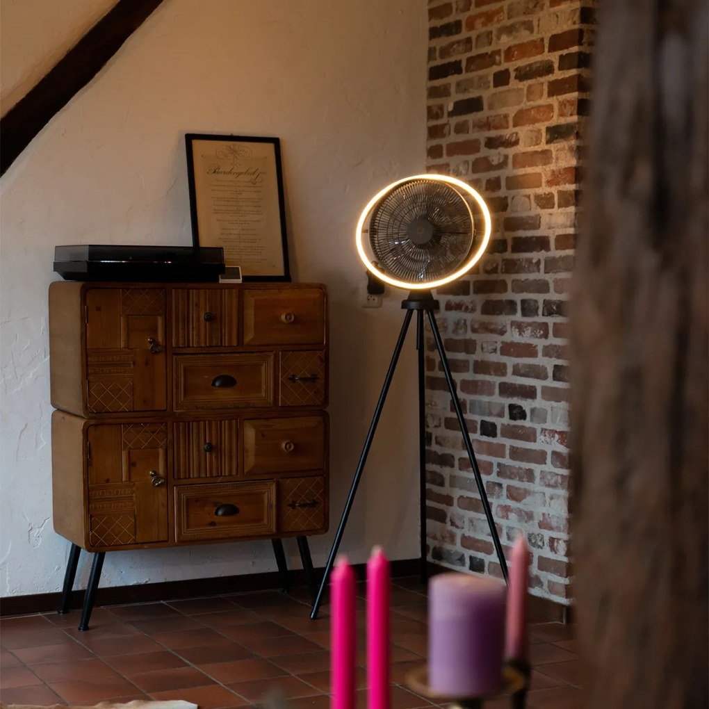 Ventilator de podea cu trepied negru, inclusiv LED reglabil cu 3 trepte de luminozitate - Marleen