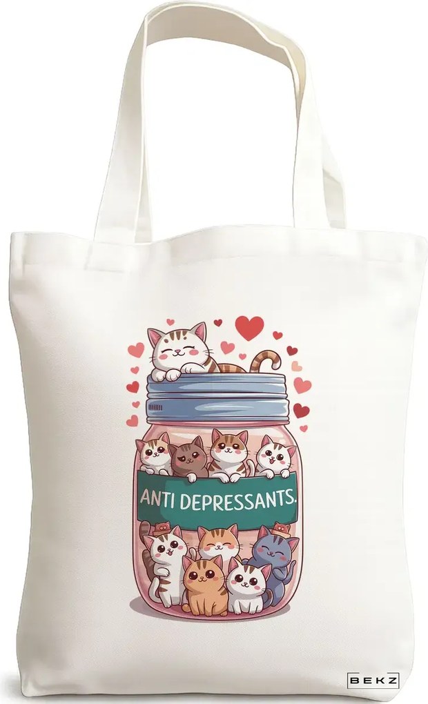 Sacosa de Panza pentru Cumparaturi, Geanta Tote, model Anti Depresant Doggos 2 38 x 34.5 cm, Alba, BEKZ®