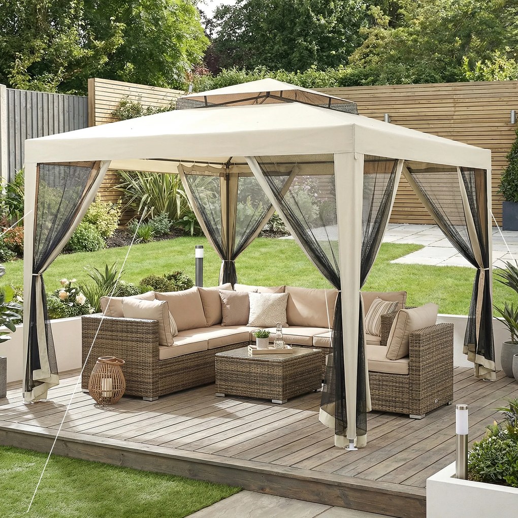 Outsunny Foisor de Gradina cu Plasa de Tantari, Foisor 3x3 m cu Acoperis Dublu si Cadru din Metal, Bej