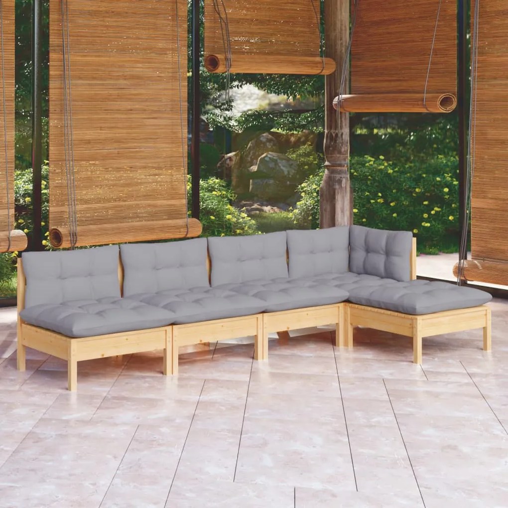3096333 vidaXL Set mobilier grădină cu perne gri, 5 piese, lemn masiv de pin