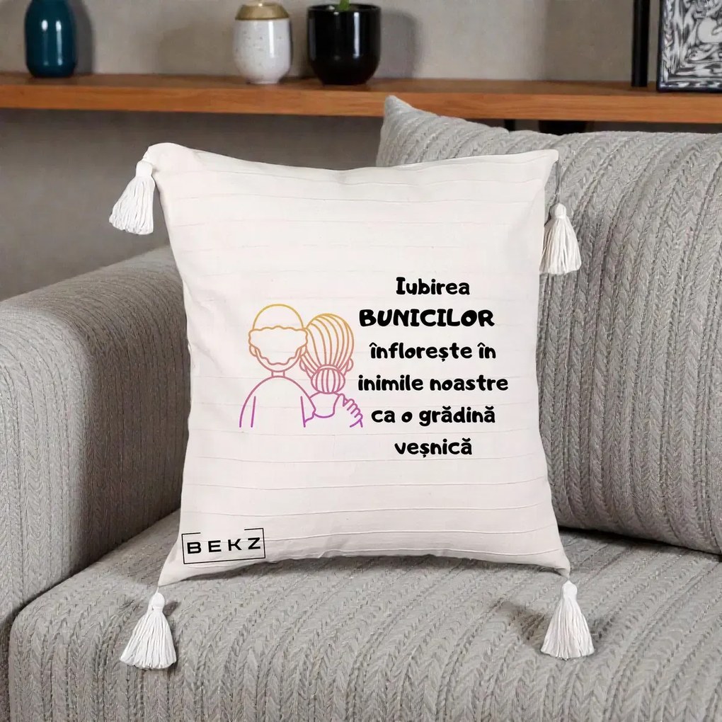 Cadou pentru Bunici - Perna Personalizata Iubirea Bunicilor Infloreste Cuplu Line Art Gradient, 40x40 cm, Bej cu Franjuri, Husa Detasabila, Perna Inclusa, BEKZ®