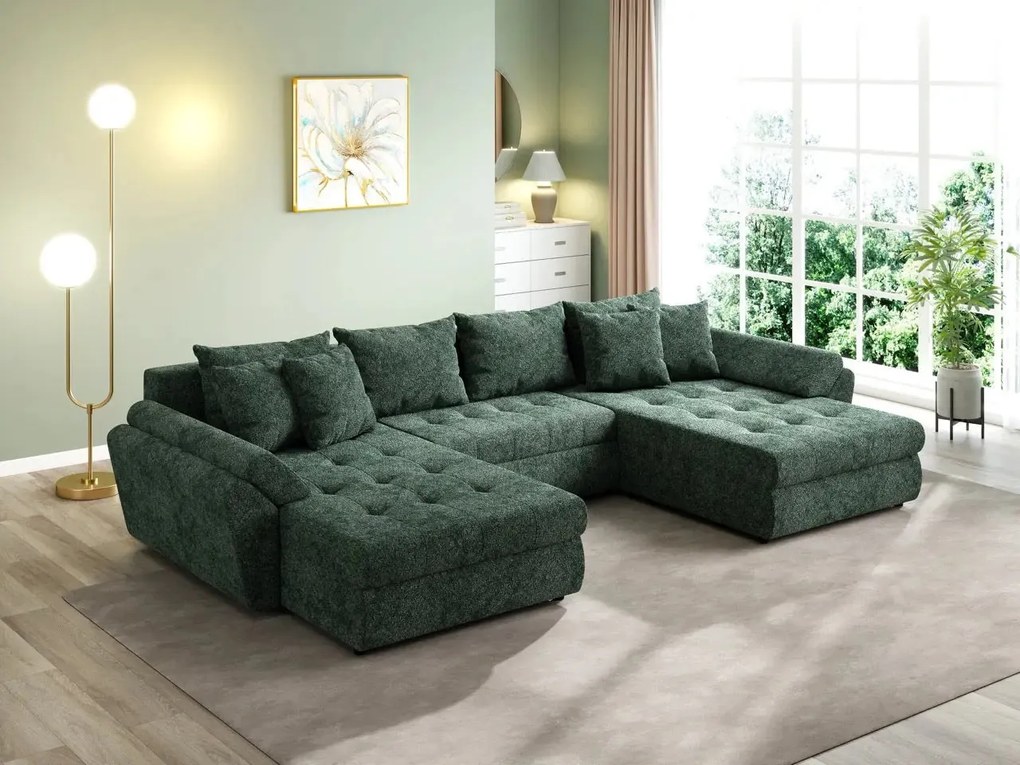 Colțar extensibil dumonde cu ladă de depozitare si sezut confortabil din spuma high-density, Loana U Euphoria Green 355x185 cm