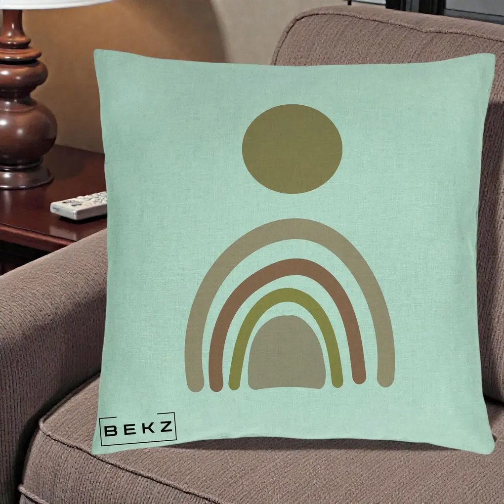 Perna Decorativa Boho Rainbow Sun, 40x40 cm, Verde Menta, Husa Detasabila, Perna Inclusa, BEKZ®