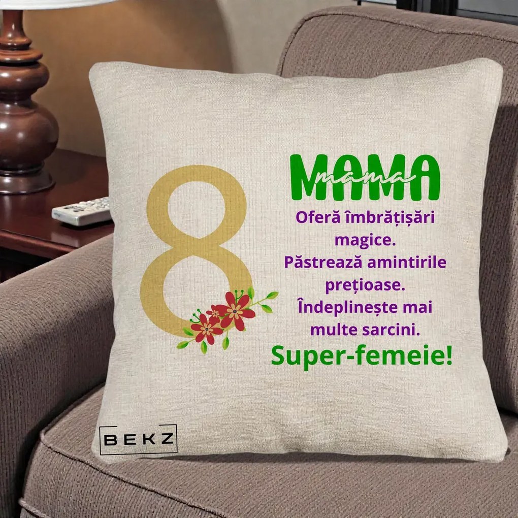 Cadou pentru Mama - Perna Personalizata Mama Super-Femeie cu Cifra 8 si Flori 8 Martie, 40x40 cm, Bej Canapea, Husa Detasabila, Perna Inclusa, BEKZ®