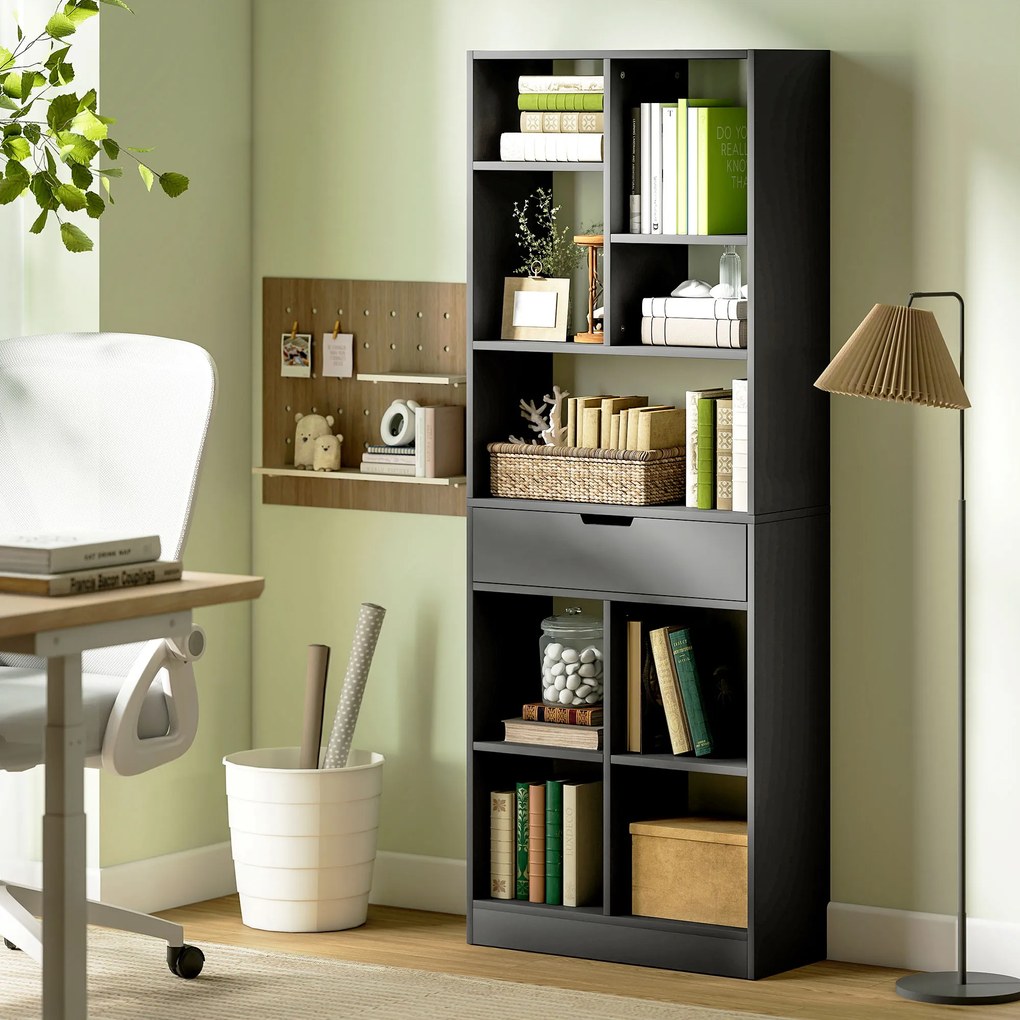 HOMCOM Bibliotecă Modernă din Lemn cu Sertar Central și Kit Antirăsturnare, 60x26x158 cm, Negru | Aosom Romania