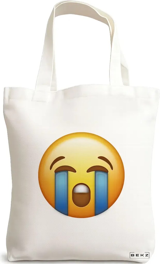 Sacosa de Panza pentru Cumparaturi, Geanta Tote, model Crying Emoji, 38x34.5 cm, Alba, BEKZ®