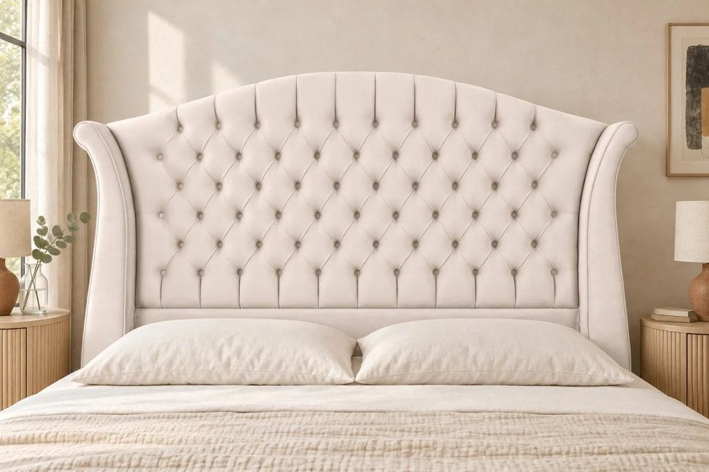 Pat tapițat Chesterfield din catifea Sorella Simple 160×200 cm, crem, cu ladă de depozitare