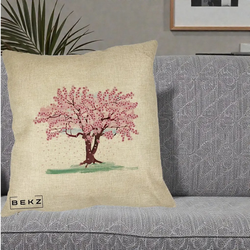 Perna Decorativa Cires Inflorit Acuarela, 40x40 cm, Crem, Husa Detasabila, Perna Inclusa, BEKZ®