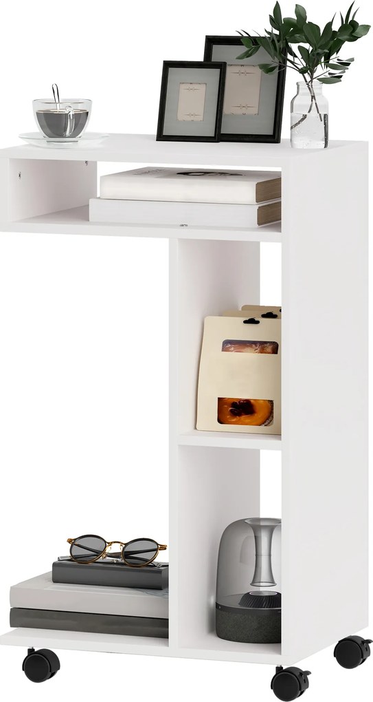 HOMCOM Măsuță laterală în formă de C cu roți, cu 3 compartimente și 1 raft deschis, 40 x 30 x 69 cm, alb | Aosom Romania