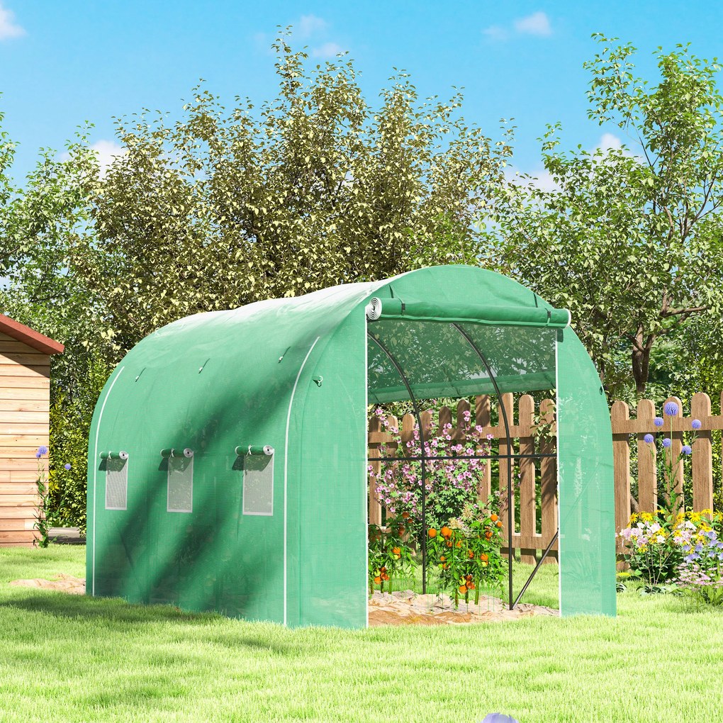 Outsunny Seră tunel de grădină 6 m² 3 x 2 m cu 1 ușă + 2 pereți laterali cu fermoar, 6 ferestre, verde | Aosom Romania
