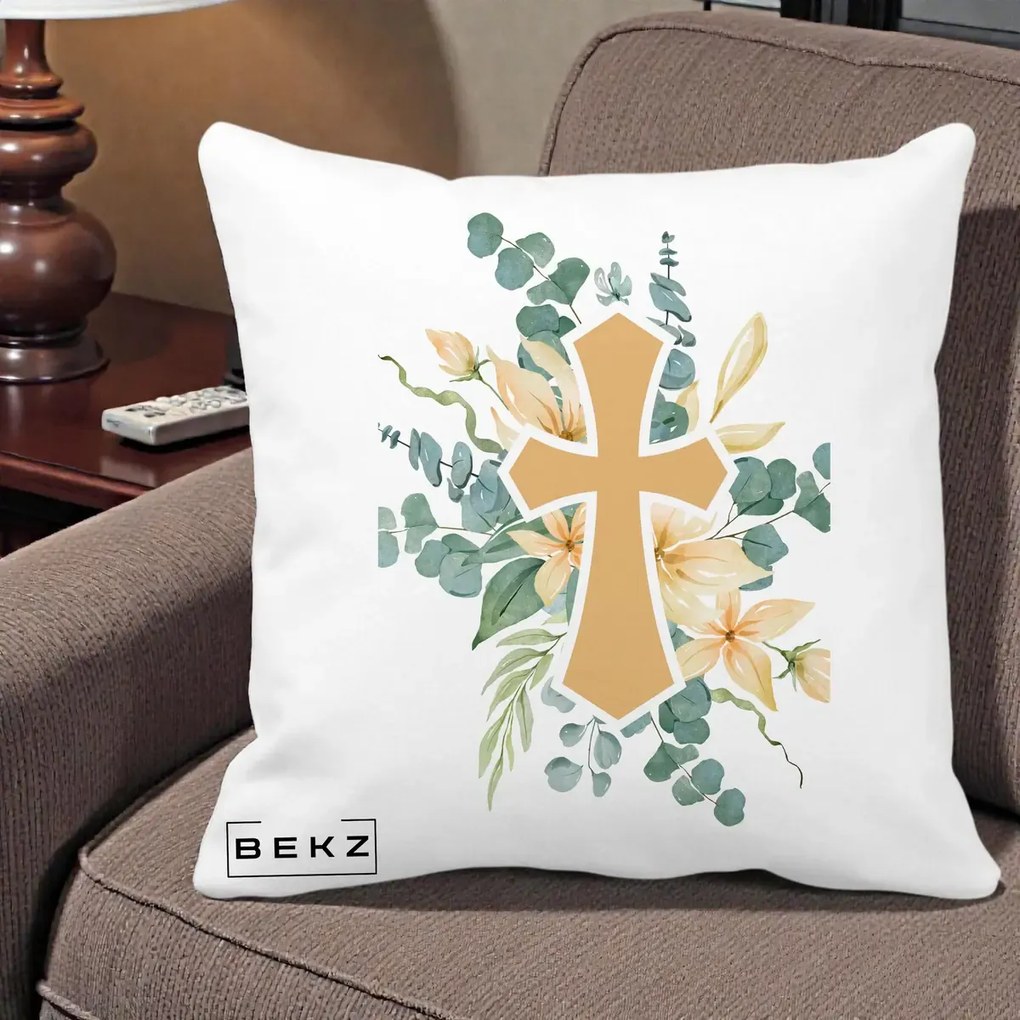 Perna Personalizata Cruce Florala Botez, 40x40 cm, Alba Mata, Husa Detasabila, Perna Inclusa, BEKZ®