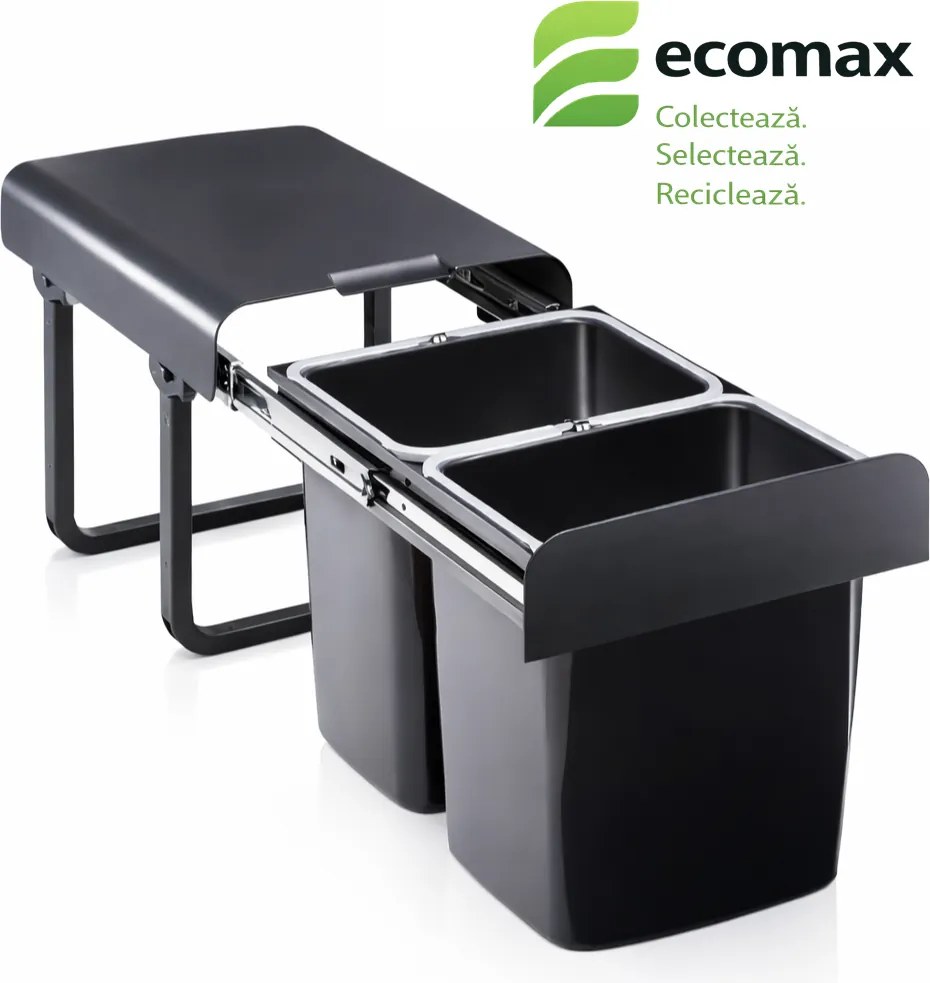 Cos gunoi incorporabil Ekko Black Bio 40 Ecomax, cu extragere totala, colectare selectiva, negru, 2 x 16 l H:365 mm; L:355 mm; A:473 mm, Plastic 100%