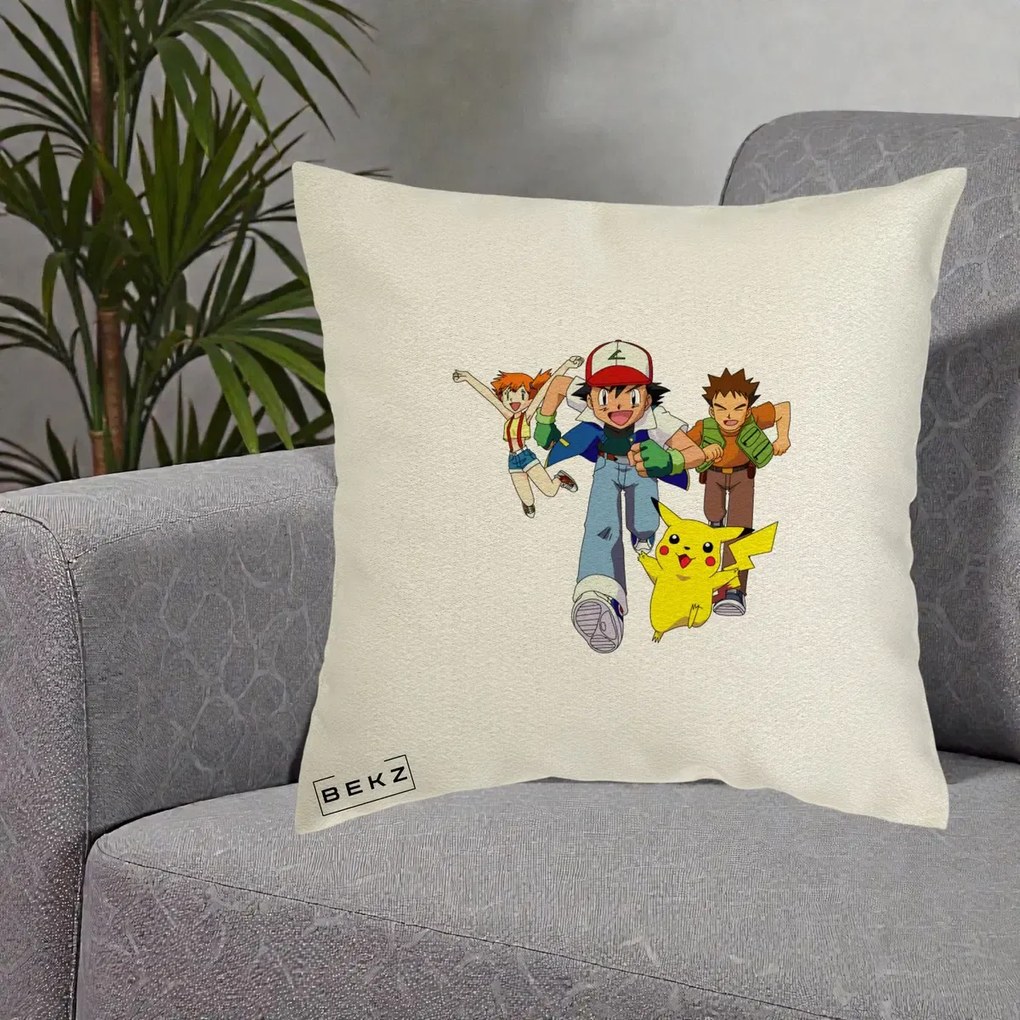 Perna Personalizata Pokemon Ash Misty Brock si Pikachu, 40x40 cm, Ecru, Husa Detasabila, Perna Inclusa, BEKZ®