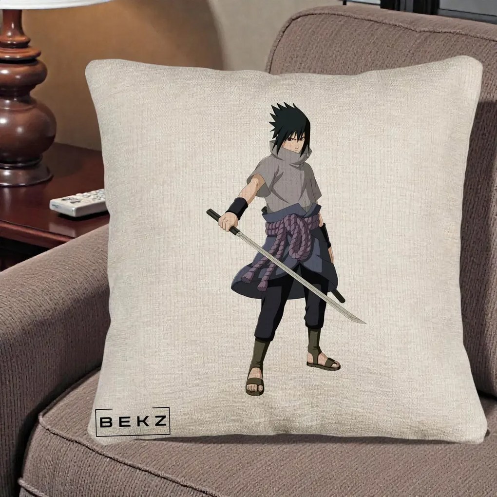 Perna Personalizata Naruto Sasuke Uchiha cu Sabia, 40x40 cm, Bej Canapea, Husa Detasabila, Perna Inclusa, BEKZ®