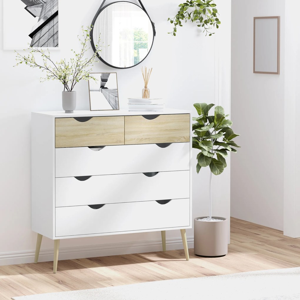 HOMCOM Comodă 5 sertare design scandinav mobilier depozitare cameră placă particule 99 x 39 x 101 cm alb aspect stejar deschis | Aosom Romania