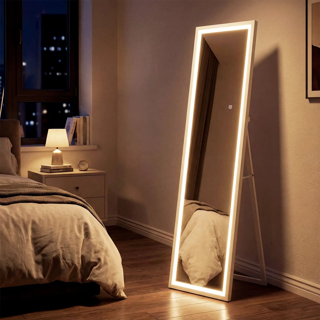 HOMCOM Oglindă Iluminată cu Lumini LED Reglabile și Buton Tactil, din Sticlă și MDF, 40x5x160 cm, Alb | Aosom Romania