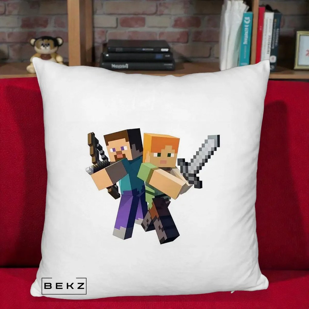 Perna Personalizata Minecraft Steve si Alex, 40x40 cm, Alb Pufos, Husa Detasabila, Perna Inclusa, BEKZ®