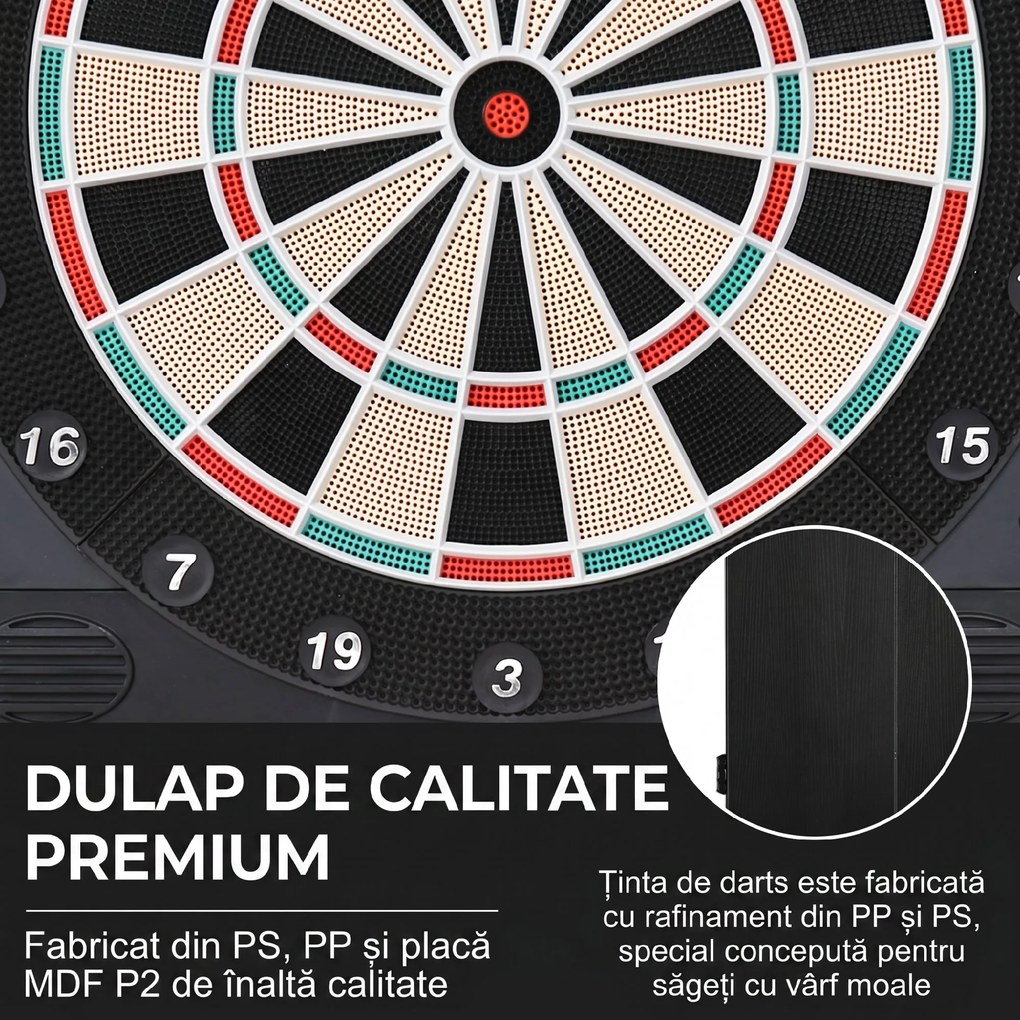 HOMCOM Tabla de Darts Electronică Profesională cu 6 Display-uri, 12 Săgeți, 27 Moduri de Joc, 51x6.5x57cm, Negru | Aosom Romania