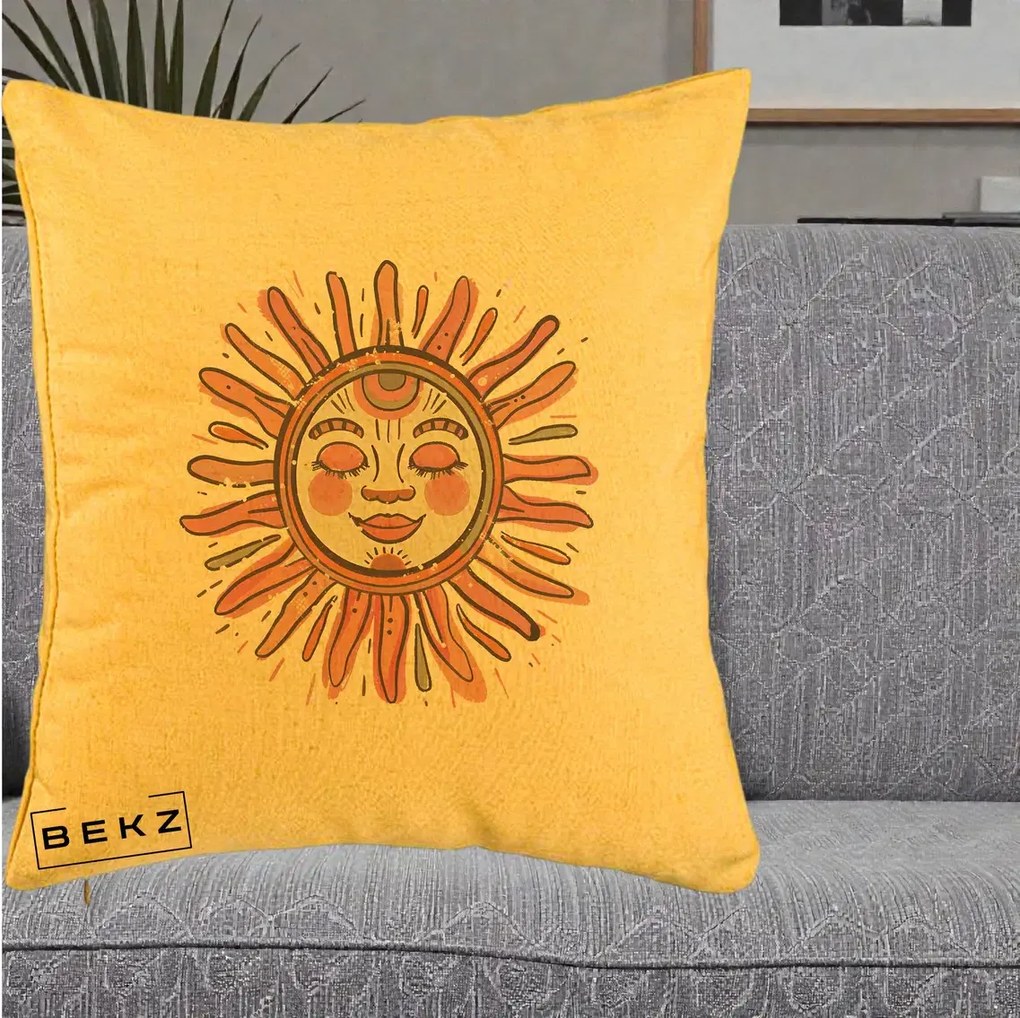 Perna Decorativa Soare Roz Tribal, 40x40 cm, Galben, Husa Detasabila, Perna Inclusa, BEKZ®